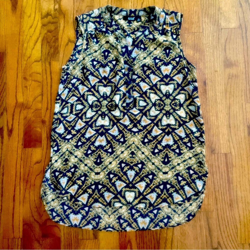 JCPenney a.n.a. Navy Blue Golden Yellow Sleeveless Patterned Blouse Top Size XS